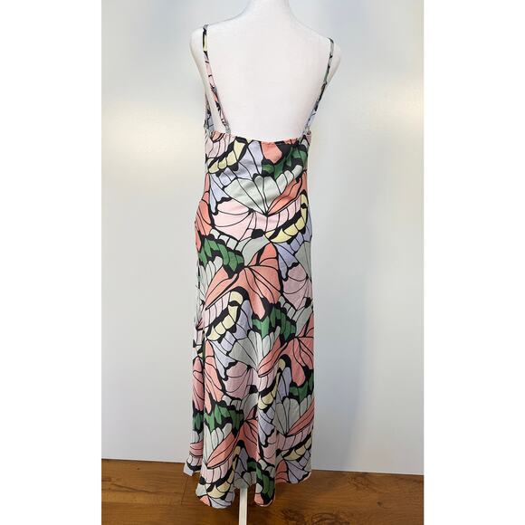 Pink Butterfly Floral Cowl Neck Slit Dress Mid Calf Size Small - Picture 3 of 5